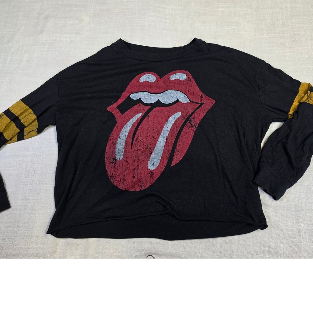 Rolling Stones Long Sleeve Graphic Tee Black Cropped Raw Hem XL Tongue Logo